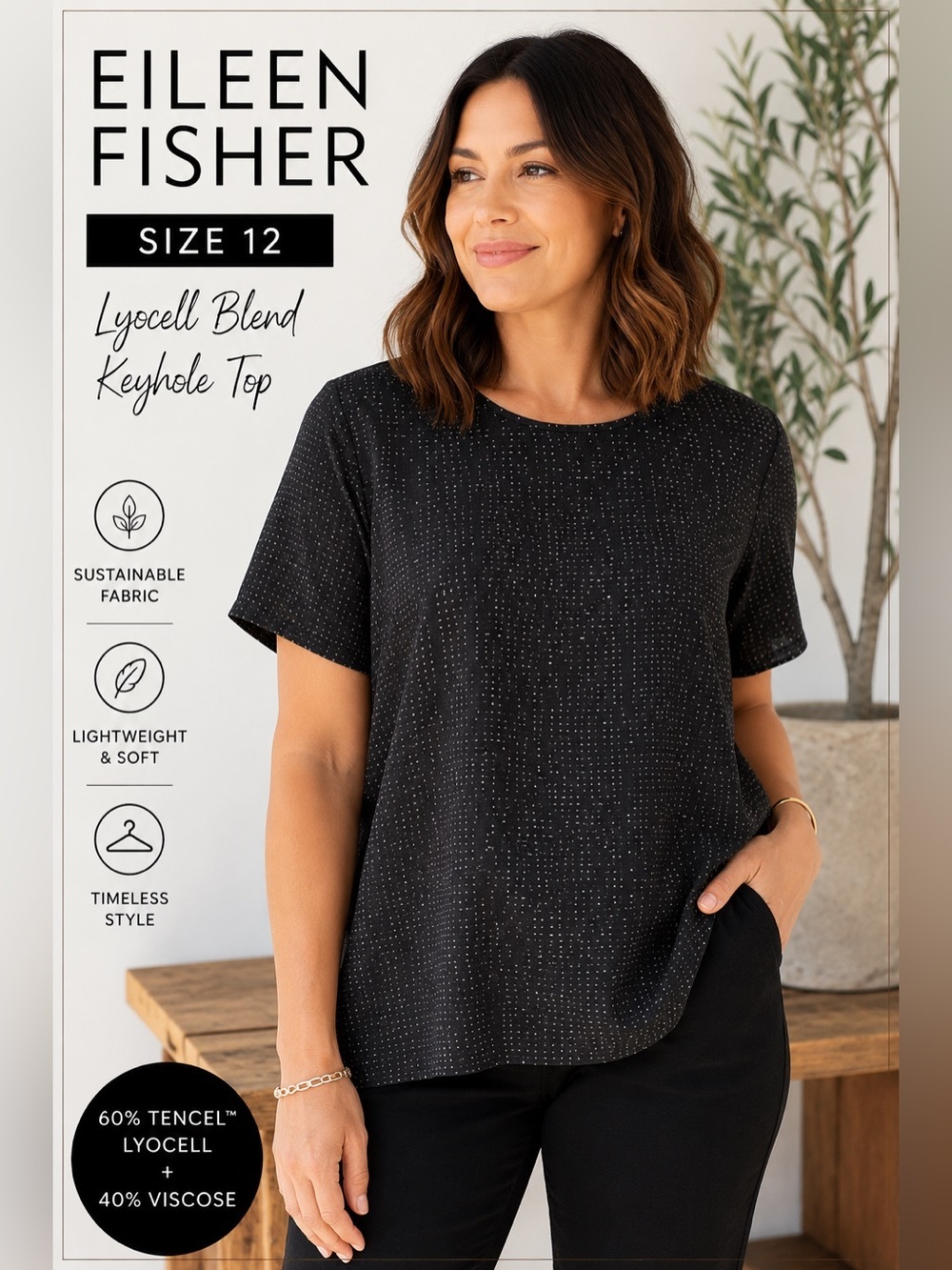 Eileen Fisher Size 12 Black Dash Print Lyocell Blend Keyhole Short Sleeve Blouse